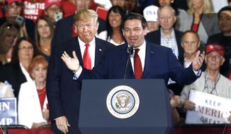 In this Nov. 3, 2018 file photo, then-President Donald Trump stands behind Ron DeSantis during a rally in Pensacola, Fla. In 2018, Republicans won their sixth straight gubernatorial election as former U.S. Rep. DeSantis edged out Tallahassee Mayor Andrew Gillum.  (AP Photo/Butch Dill, File)
