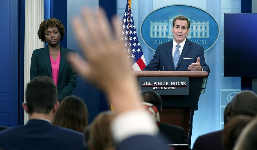 John Kirby, right, the National Security Council coordinator for strategic communications, speaks during a briefing with White House press secretary Karine Jean-Pierre, left, at the White House in Washington, Thursday, June 23, 2022. (AP Photo/Susan Walsh)