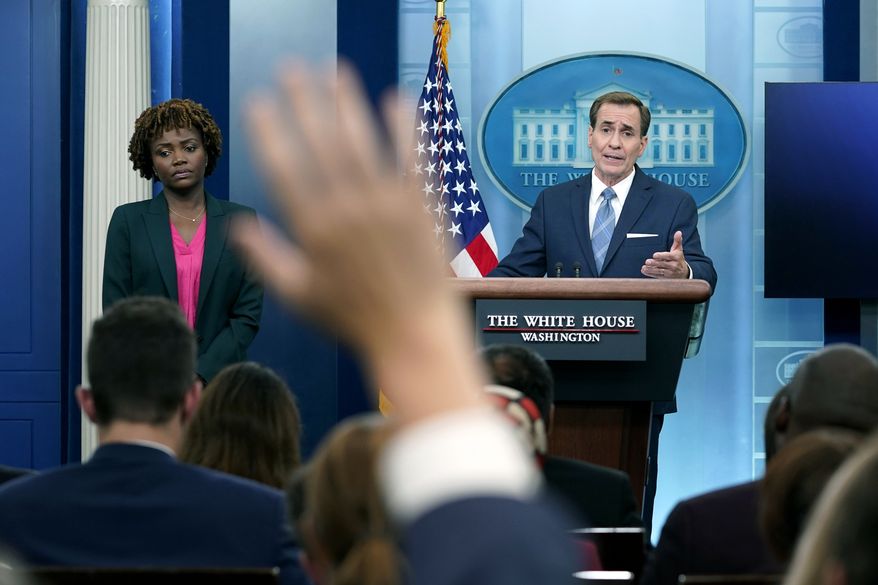 John Kirby, right, the National Security Council coordinator for strategic communications, speaks during a briefing with White House press secretary Karine Jean-Pierre, left, at the White House in Washington, Thursday, June 23, 2022. (AP Photo/Susan Walsh)