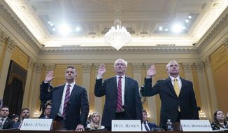 Steven Engel, former Assistant Attorney General for the Office of Legal Counsel, from left, Jeffrey Rosen, former acting Attorney General, and Richard Donoghue, former acting Deputy Attorney General, are sworn in to testify as the House select committee investigating the Jan. 6 attack on the U.S. Capitol continues to reveal its findings of a year-long investigation, at the Capitol in Washington, Thursday, June 23, 2022. (AP Photo/Jacquelyn Martin)