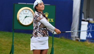 Christina Kim following through on her tee shot on the 1st hole during the 1st round of the KPMG Women&#x27;s PGA Championship at Congressional Country Club, Bethesda, MD, June 23, 2022 (Photo by All-Pro Reels)