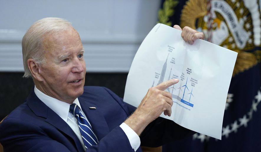President Joe Biden shows a wind turbine size comparison chart during a meeting in the Roosevelt Room of the White House in Washington, Thursday, June 23, 2022, with governors, labor leaders, and private companies launching the Federal-State Offshore Wind Implementation Partnership. The new partnership focuses on boosting the offshore wind industry. (AP Photo/Susan Walsh)