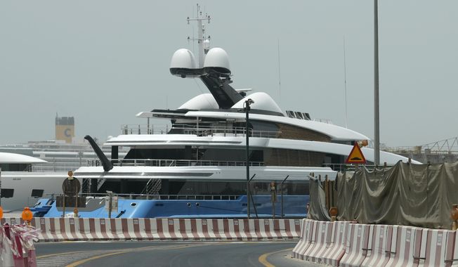 The Madame Gu superyacht, owned by Russian parliamentarian Andrei Skoch, is docked at Port Rashid terminal, in Dubai, United Arab Emirates, Thursday, June 23, 2022. The sleek $156 million yacht belonging to Skoch, a sanctioned Russian oligarch and parliamentarian, is the latest reminder of how the sheikhdom has become a haven for Russian money amid Moscow&#x27;s war on Ukraine. (AP Photo/Kamran Jebreili)