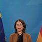 German Foreign Minster Annalena Baerbock briefs the media about Germany&#39;s Afghanistan policy at the Foreign Ministry during a news conference in Berlin, Germany, Thursday, June 23, 2022. (AP Photo/Markus Schreiber)