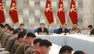 In this photo provided by the North Korean government, North Korean leader Kim Jong Un, rear center, attends a meeting of the Central Military Commission of the ruling Workers&#39; Party, which were held between June 21 and 23, 2022, in Pyongyang, North Korea. Independent journalists were not given access to cover the event depicted in this image distributed by the North Korean government. The content of this image is as provided and cannot be independently verified. Korean language watermark on image as provided by source reads: &amp;quot;KCNA&amp;quot; which is the abbreviation for Korean Central News Agency. (Korean Central News Agency/Korea News Service via AP)