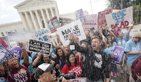 A celebration outside the Supreme Court, Friday, June 24, 2022, in Washington. The Supreme Court has ended constitutional protections for abortion that had been in place nearly 50 years — a decision by its conservative majority to overturn the court&#39;s landmark abortion cases. (AP Photo/Steve Helber)