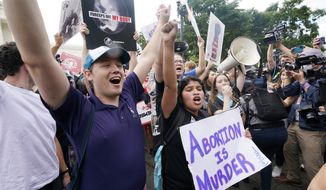 People celebrate, Friday, June 24, 2022, outside the Supreme Court in Washington. The Supreme Court has ended constitutional protections for abortion that had been in place nearly 50 years, a decision by its conservative majority to overturn the court&#39;s landmark abortion cases.(AP Photo/Steve Helber)