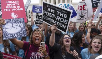 Demonstrators gather outside the Supreme Court in Washington, Friday, June 24, 2022. The Supreme Court has ended constitutional protections for abortion that had been in place nearly 50 years, a decision by its conservative majority to overturn the court&#39;s landmark abortion cases. (AP Photo/Jose Luis Magana)