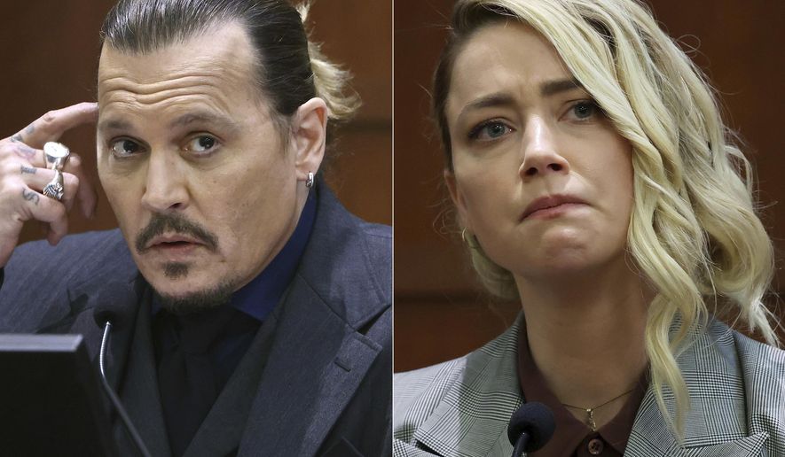 This combination of photos shows actor Johnny Depp testifying at the Fairfax County Circuit Court in Fairfax, Va., on April 21, 2022, left, and actor Amber Heard testifying in the same courtroom on May 26, 2022. The judge in the Johnny Depp-Amber Heard defamation trial made a jury&#x27;s award official Friday with a written order for Heard to pay Depp $10.35 million for damaging his reputation by describing herself as a domestic abuse victim in an op-ed piece she wrote. (AP Photo)