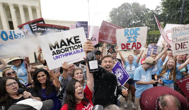 A celebration outside the Supreme Court, Friday, June 24, 2022, in Washington. The Supreme Court has ended constitutional protections for abortion that had been in place nearly 50 years — a decision by its conservative majority to overturn the court&#x27;s landmark abortion cases. (AP Photo/Steve Helber)