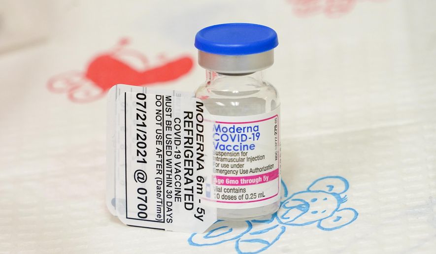 A vial of the Moderna COVID-19 vaccine for children 6 months through 5 years old is seen, Tuesday, June 21, 2022, at Montefiore Medical Group in the Bronx borough of New York. (AP Photo/Mary Altaffer)