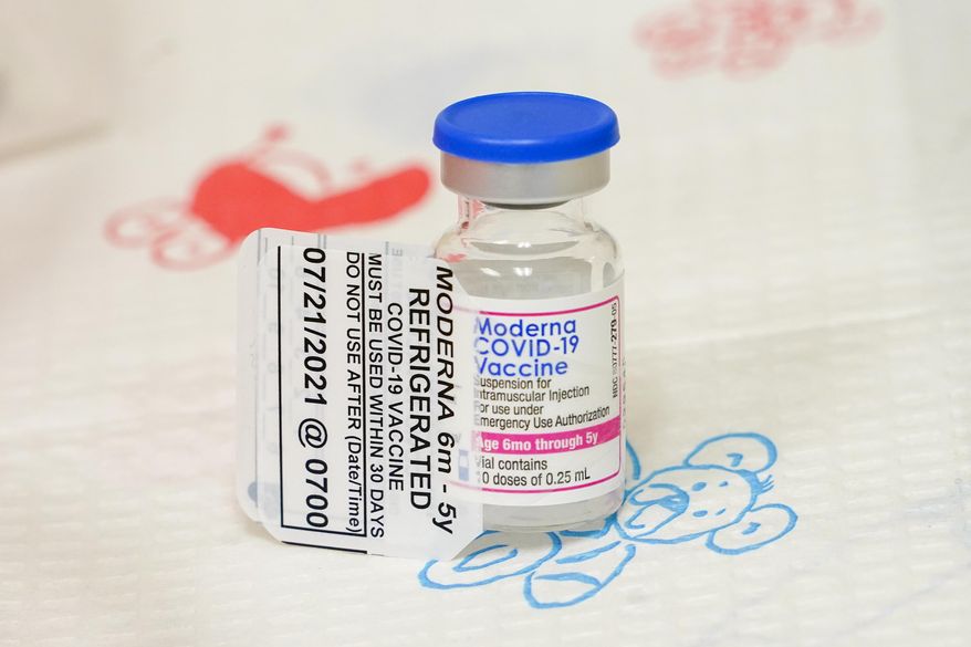 A vial of the Moderna COVID-19 vaccine for children 6 months through 5 years old is seen, Tuesday, June 21, 2022, at Montefiore Medical Group in the Bronx borough of New York. (AP Photo/Mary Altaffer)