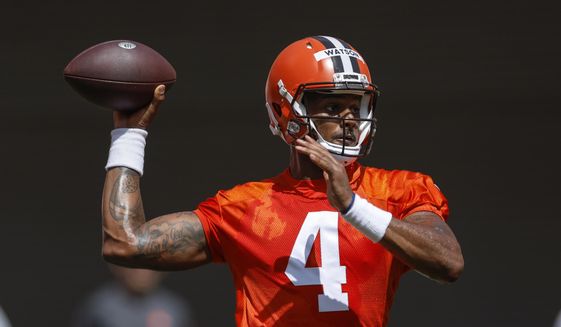 Cleveland Browns quarterback Deshaun Watson throws a pass during an NFL football practice at FirstEnergy Stadium, Thursday, June 16, 2022, in Cleveland. (AP Photo/Ron Schwane) **FILE**