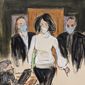 FILE — In this courtroom sketch, Ghislaine Maxwell enters the courtroom escorted by U.S. Marshalls at the start of her trial, Nov. 29, 2021, in New York. Seven women who say Ghislaine Maxwell helped Jeffrey Epstein steal the innocence of their youth are asking a judge who will sentence the British socialite on Tuesday, June 28, 2022, to consider their pain. Manhattan federal prosecutors unveiled their statements publicly Friday, June 24. (AP Photo/Elizabeth Williams, File)