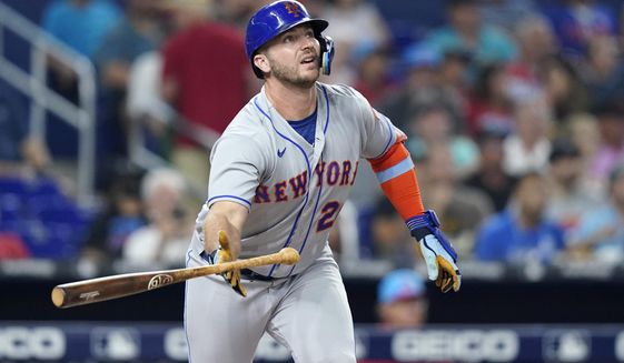 New York Mets&#39; Pete Alonso watches after hitting a solo home run during the second inning of a baseball game against the Miami Marlins, Saturday, June 25, 2022, in Miami. (AP Photo/Lynne Sladky)