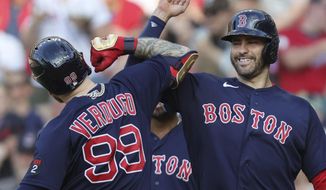 Boston Red Sox&#39;s J.D. Martinez, right, celebrates a three-run home run by Alex Verdugo (99) against the Cleveland Guardians during the sixth inning of a baseball game Saturday, June 25, 2022, in Cleveland. (John Kuntz/Cleveland.com via AP)