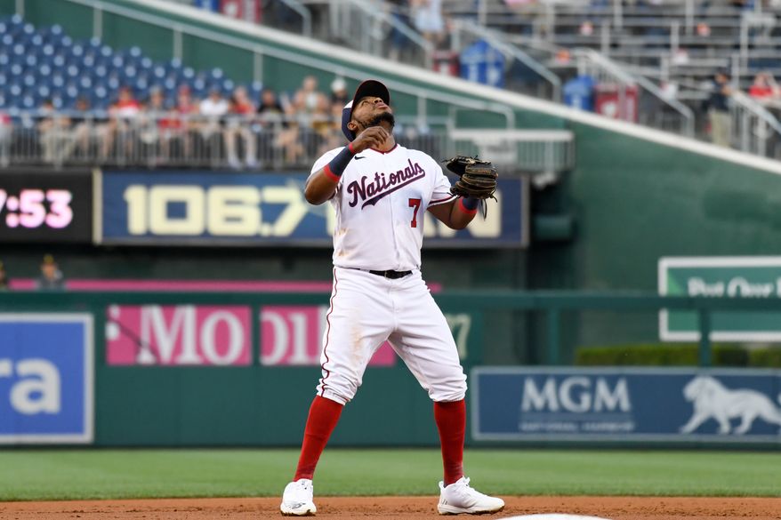 Washington Nationals third baseman Maikel Franco (7) underneath a pop up off the bat of Pittsburgh Pirates centerfielder Bryan Reynolds (10) during the 3rd inning at Nationals Park in Washington D.C., June 27, 2022. (Photo by All-Pro Reels)