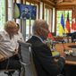 From left, Britain&#39;s Prime Minister Boris Johnson, Japan&#39;s Prime Minister Fumio Kishida, U.S. President Joe Biden, and European Council President Charles Michel before a round table as Ukraine President Volodymyr Zelenskyy appears on screen to address the G-7 leaders via video link during their working session at Castle Elmau in Kruen, near Garmisch-Partenkirchen, Germany, on Monday, June 27, 2022. The Group of Seven leading economic powers are meeting in Germany for their annual gathering Sunday through Tuesday. (Kenny Holston/Pool via AP)