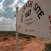 A sign directs travelers to the start of the &quot;1947 UFO Crash Site Tours&quot; in Roswell, N.M., on June 10, 1997. In Roswell, locals don&#x27;t argue anymore about whether a space ship crashed nearby. They argue about whose ranch it landed on. Barring a major revelation between now and July 1, 2022, Roswell will mark the 75th anniversary of the alleged 1947 UFO crash with the debate over what occurred here far from settled. (AP Photo/Eric Draper, File)