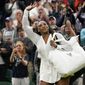 Serena Williams of the US waves as she leaves the court after losing to France&#39;s Harmony Tan in a first round women&#39;s singles match on day two of the Wimbledon tennis championships in London, Tuesday, June 28, 2022. (AP Photo/Alberto Pezzali)