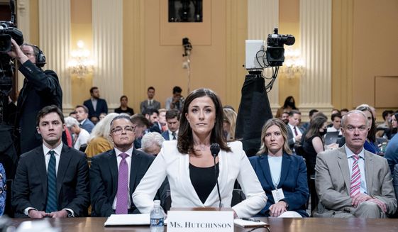 Cassidy Hutchinson, former aide to Trump White House chief of staff Mark Meadows, appears before the House select committee investigating the Jan. 6 attack on the U.S. Capitol holds a hearing at the Capitol in Washington, Tuesday, June 28, 2022.  (AP Photo/Andrew Harnik, Pool)