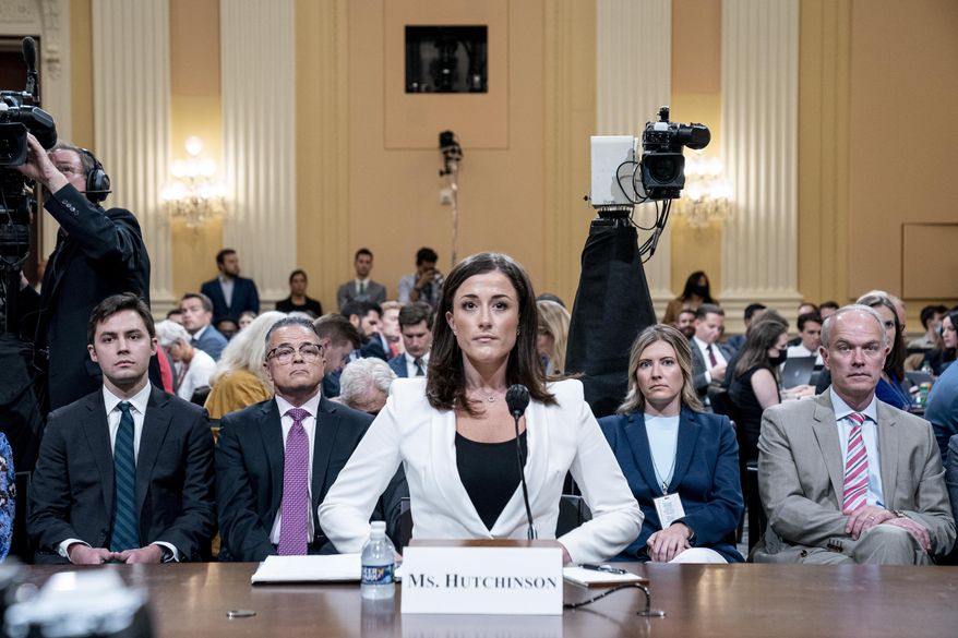 Cassidy Hutchinson, former aide to Trump White House chief of staff Mark Meadows, appears before the House select committee investigating the Jan. 6 attack on the U.S. Capitol holds a hearing at the Capitol in Washington, Tuesday, June 28, 2022.  (AP Photo/Andrew Harnik, Pool)