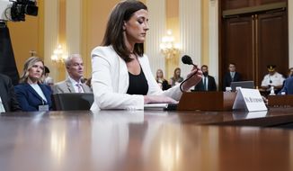 Cassidy Hutchinson, former aide to Trump White House chief of staff Mark Meadows, testifies as the House select committee investigating the Jan. 6 attack on the U.S. Capitol holds a hearing at the Capitol in Washington, Tuesday, June 28, 2022. (AP Photo/J. Scott Applewhite)