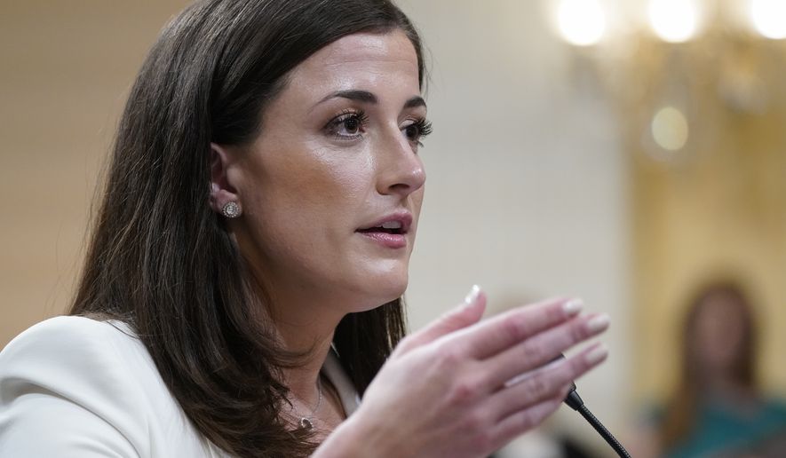 Cassidy Hutchinson, former aide to Trump White House chief of staff Mark Meadows, testifies as the House select committee investigating the Jan. 6 attack on the U.S. Capitol holds a hearing at the Capitol in Washington, Tuesday, June 28, 2022. (AP Photo/J. Scott Applewhite)