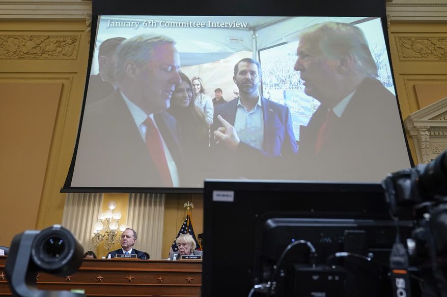 A exhibit of a photo of former President Donald Trump backstage before he spoke at the Jan. 6 rally, is displayed as Cassidy Hutchinson, former aide to Trump White House chief of staff Mark Meadows, testifies as the House select committee investigating the Jan. 6 attack on the U.S. Capitol continues to reveal its findings of a year-long investigation, at the Capitol in Washington, Tuesday, June 28, 2022. (AP Photo/Jacquelyn Martin)