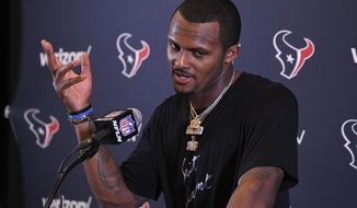 Houston Texans quarterback Deshaun Watson speaks during a news conference after an NFL football game against the Los Angeles Chargers, Sunday, Sept. 22, 2019, in Carson, Calif. The Houston Texans had been told that their former quarterback Deshaun Watson was sexually assaulting and harassing women during massage sessions, but instead of trying to stop him, the team provided him with resources to enable his actions and “turned a blind eye” to his behavior, according to a lawsuit filed Monday, June 27, 2022. Watson, who was later traded to the Cleveland Browns, has denied any wrongdoing and vowed to clear his name. (AP Photo/Mark J. Terrill, File)