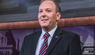 Lee Zeldin appears during New York&#39;s Republican gubernatorial debate, at the studios of Spectrum News NY, June 20, 2022, in New York. New Yorkers are casting votes in a governor&#39;s race Tuesday, June 28, 2022, that for the first time in a decade does not include the name &quot;Cuomo&quot; at the top of the ticket.(Brittainy Newman/Pool via AP, File)