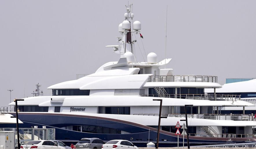 The Nirvana, a sleek 88-meter-long superyacht worth about $300 million, owned by Vladimir Potanin, head of the world&#39;s largest refined nickel and palladium producer in Russia, is docked at Port Rashid terminal in Dubai, United Arab Emirates, Tuesday, June 28, 2022. Potanin, the man considered to be the wealthiest oligarch in Russia, joins a growing list of those transferring — or, sailing — their prized assets to Dubai as the West tightens its massive sanctions program. Potanin may not be sanctioned by the United States or Europe yet; such sanctions could roil metal markets and potentially disrupt supply chains, experts say. (AP Photo/Kamran Jebreili)