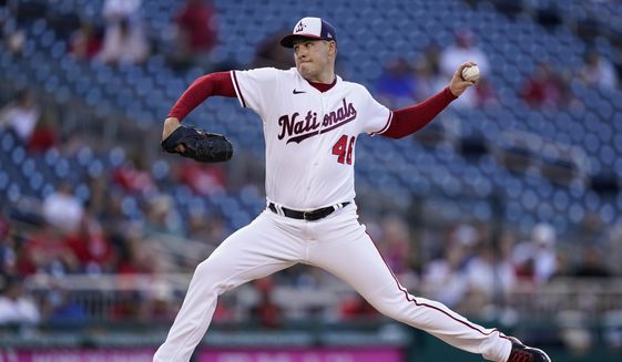 Washington Nationals starting pitcher Patrick Corbin throws during the first inning of the team&#39;s baseball game against the Pittsburgh Pirates at Nationals Park, Tuesday, June 28, 2022, in Washington. (AP Photo/Alex Brandon)