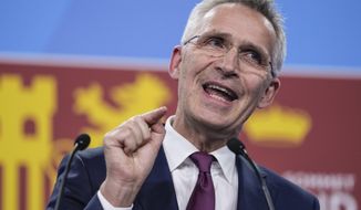 NATO Secretary General Jens Stoltenberg speaks during a press conference during a NATO summit in Madrid, Spain on Tuesday, June 28, 2022. North Atlantic Treaty Organization heads of state will meet for a NATO summit in Madrid from Tuesday through Thursday. (AP Photo/Bernat Armangue)