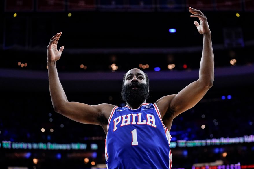 Philadelphia 76ers&#39; James Harden gestures during the first half of Game 3 of the team&#39;s NBA basketball second-round playoff series against the Miami Heat, May 6, 2022, in Philadelphia. A person familiar with the situation said Harden chose not to exercise his $47.4 million option for next season and will become a free agent — but with no designs on leaving Philadelphia. Harden made the decision to allow the 76ers the flexibility they need to sign other players this summer, said the person who spoke to The Associated Press on condition of anonymity because neither side confirmed those plans publicly. (AP Photo/Matt Slocum, File) **FILE**