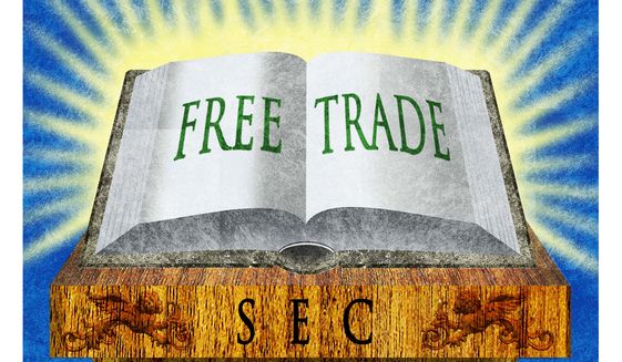 Illustration on the promotion of free trade at SEC by Alexander Hunter/The Washington Times