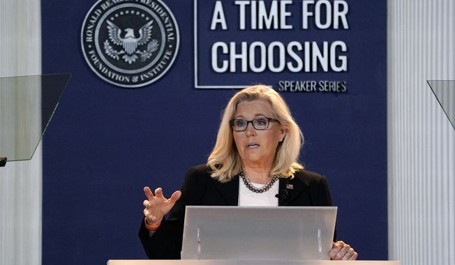 Rep. Liz Cheney, R-Wyo., vice chair of the House Select Committee investigating the Jan. 6 U.S. Capitol insurrection, delivers her &quot;Time for Choosing&quot; speech at the Ronald Reagan Presidential Library and Museum Wednesday, June 29, 2022, in Simi Valley, Calif. The speech is part of a series focusing on the conservative movement to address critical questions facing the future of the Republican Party. (AP Photo/Mark J. Terrill)