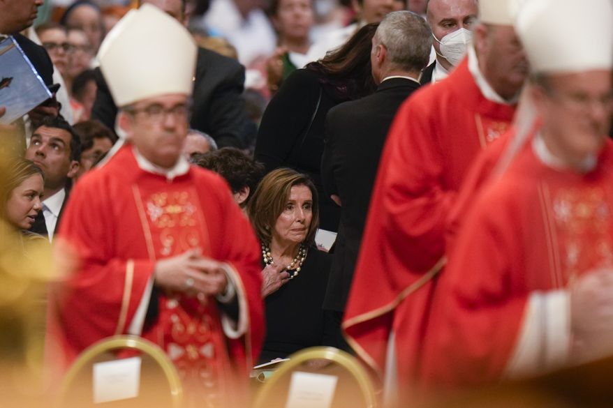 Speaker of the House Nancy Pelosi, D-Calif., attends a Mass celebrated by Pope Francis on the Solemnity of Saints Peter and Paul, in St. Peter&#39;s Basilica at the Vatican, Wednesday, June 29, 2022. (AP Photo/Alessandra Tarantino)