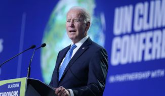 President Joe Biden speaks during the &amp;quot;Accelerating Clean Technology Innovation and Deployment&amp;quot; event at the COP26 U.N. Climate Summit, Nov. 2, 2021, in Glasgow, Scotland. The administration is holding its first onshore oil and gas leasing sales this week after a court rejected its attempt to suspend sales because of climate change concerns. (AP Photo/Evan Vucci, Pool, File)