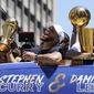 Stephen Curry and Damion Lee, right, ride in the Golden State Warriors NBA championship parade in San Francisco, Monday, June 20, 2022. (AP Photo/Eric Risberg) **FILE**