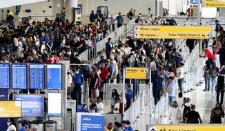People wait in a TSA line at the John F. Kennedy International Airport on Tuesday, June 28, 2022, in New York. (AP Photo/Julia Nikhinson)