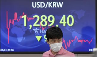 A currency trader walks by the screen showing the foreign exchange rate between U.S. dollar and South Korean won at a foreign exchange dealing room in Seoul, South Korea, Friday, July 1, 2022. Asian benchmarks were mostly lower on Friday, echoing a decline on Wall Street, after a quarterly report by Japan’s central bank rekindled worries about the world’s third largest economy. (AP Photo/Lee Jin-man)