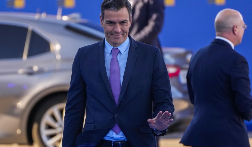 Spanish Prime Minister Pedro Sanchez arrives for the NATO summit in Madrid, Spain, on Thursday, June 30, 2022. North Atlantic Treaty Organization heads of state will meet for a NATO summit in Madrid from Tuesday through Thursday. (AP Photo/Manu Fernandez)