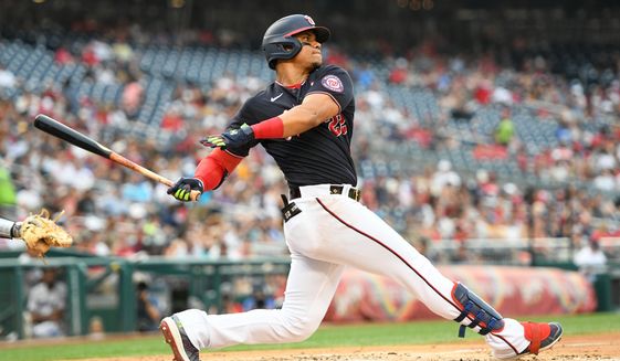 Washington Nationals right fielder Juan Soto (22) taking a swing during the 4th inning in a game against the Miami Marlins at Nationals Park in Washington D.C., July 1, 2022. (Photo by All-Pro Reels)
