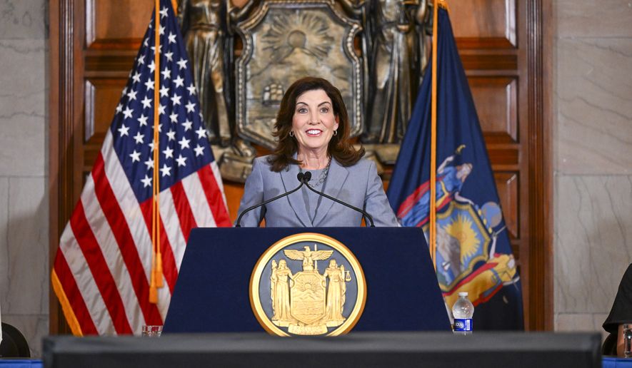 New York Gov. Kathy Hochul speaks to reporters about legislation passed during a special legislative session, in the Red Room at the state Capitol, Friday, July 1, 2022, in Albany, N.Y. (AP Photo/Hans Pennink)