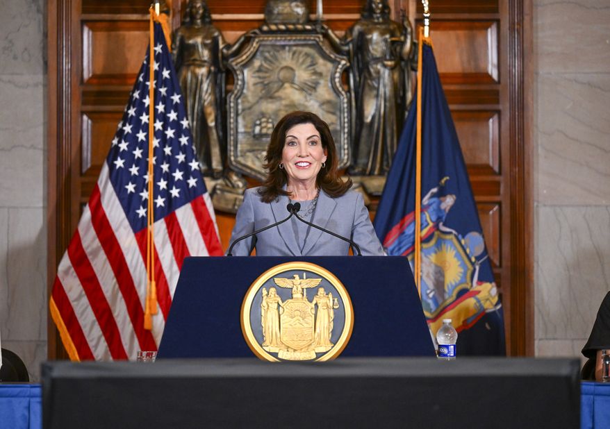 New York Gov. Kathy Hochul speaks to reporters about legislation passed during a special legislative session, in the Red Room at the state Capitol, Friday, July 1, 2022, in Albany, N.Y. (AP Photo/Hans Pennink)