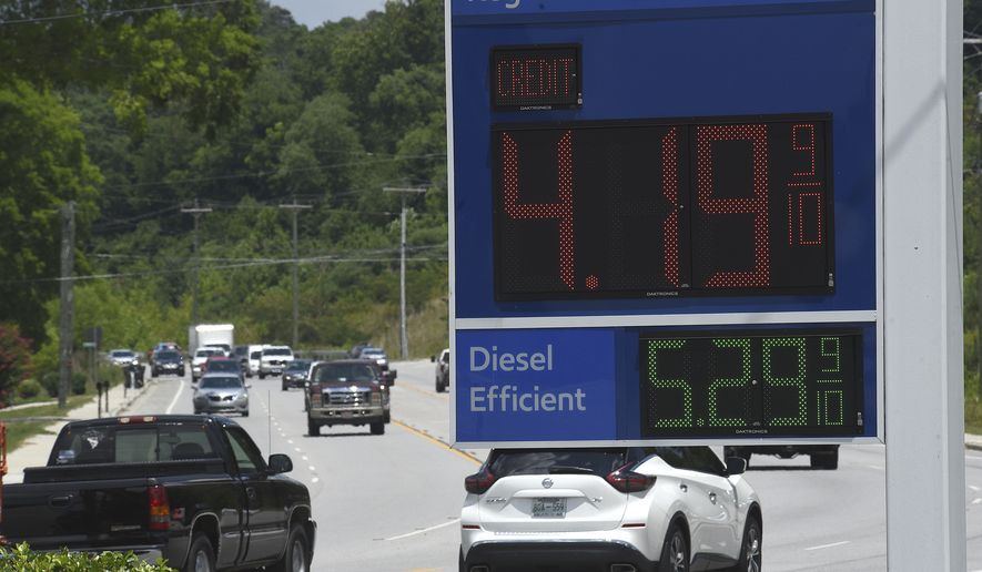 The price of gas is displayed on a sign at an Exxon on East Brainerd Road on Friday, July 1, 2022, in Chattanooga, Tenn. (Matt Hamilton/Chattanooga Times Free Press via AP)