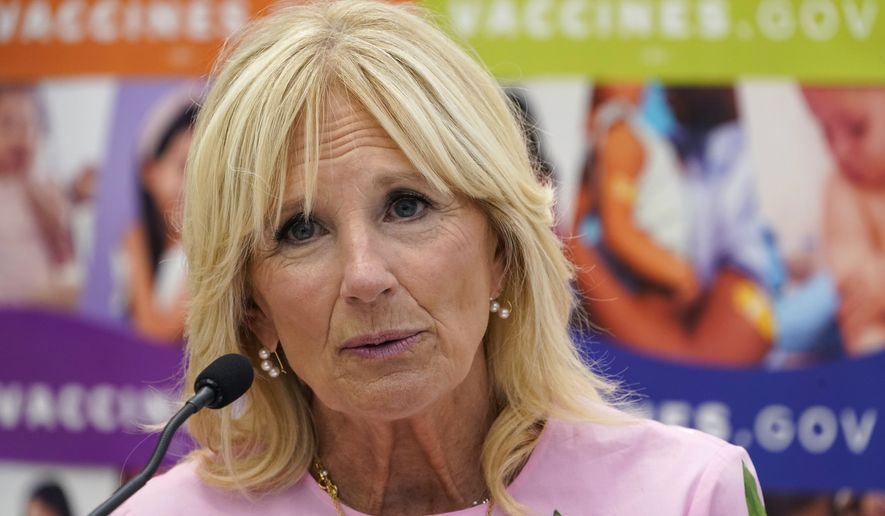 First lady Jill Biden speaks as she tours a health facility Friday, July 1, 2022, in Richmond, Va. Biden was promoting COVID-19 vaccines for small children (AP Photo/Steve Helber)
