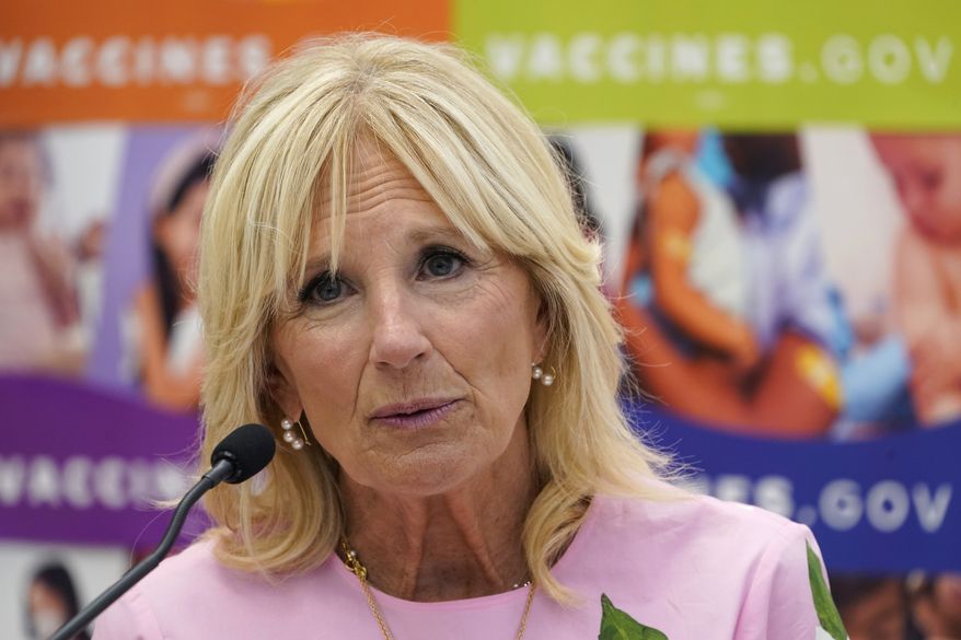 First lady Jill Biden speaks as she tours a health facility Friday, July 1, 2022, in Richmond, Va. Biden was promoting COVID-19 vaccines for small children (AP Photo/Steve Helber)