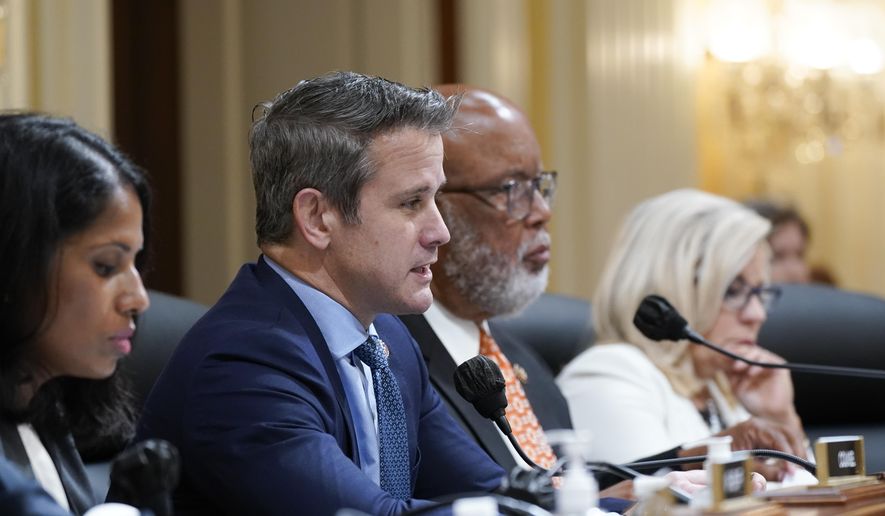 Rep. Adam Kinzinger, R-Ill., second from left, speaks as the House select committee investigating the Jan. 6, 2021, attack on the U.S. Capitol continues to reveal its findings of a year-long investigation, at the Capitol in Washington, Thursday, June 23, 2022. From left, Soumya Dayananda, committee investigative staff counsel, Kinzinger, Chairman Bennie Thompson, D-Miss., and Vice Chair Liz Cheney, R-Wyo. (AP Photo/J. Scott Applewhite)